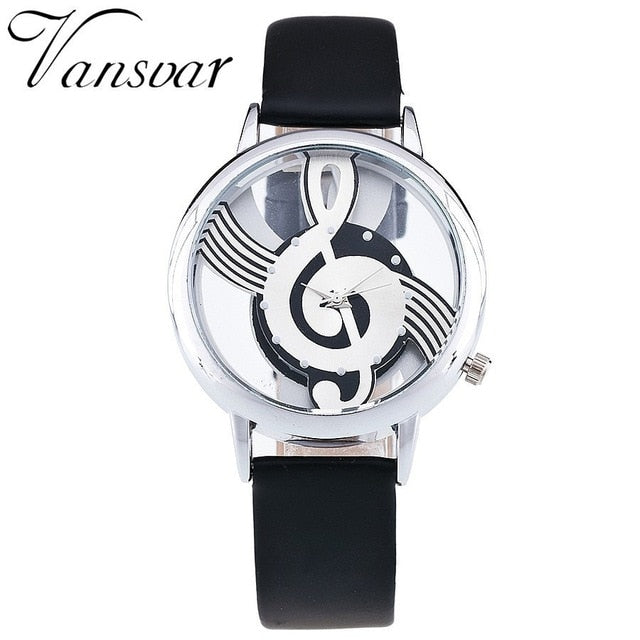 New Vansvar Brand Fashion Hollow Music Note Notation Watch Stainless Steel Quartz Wristwatch For Men Women Silver Mesh Watches