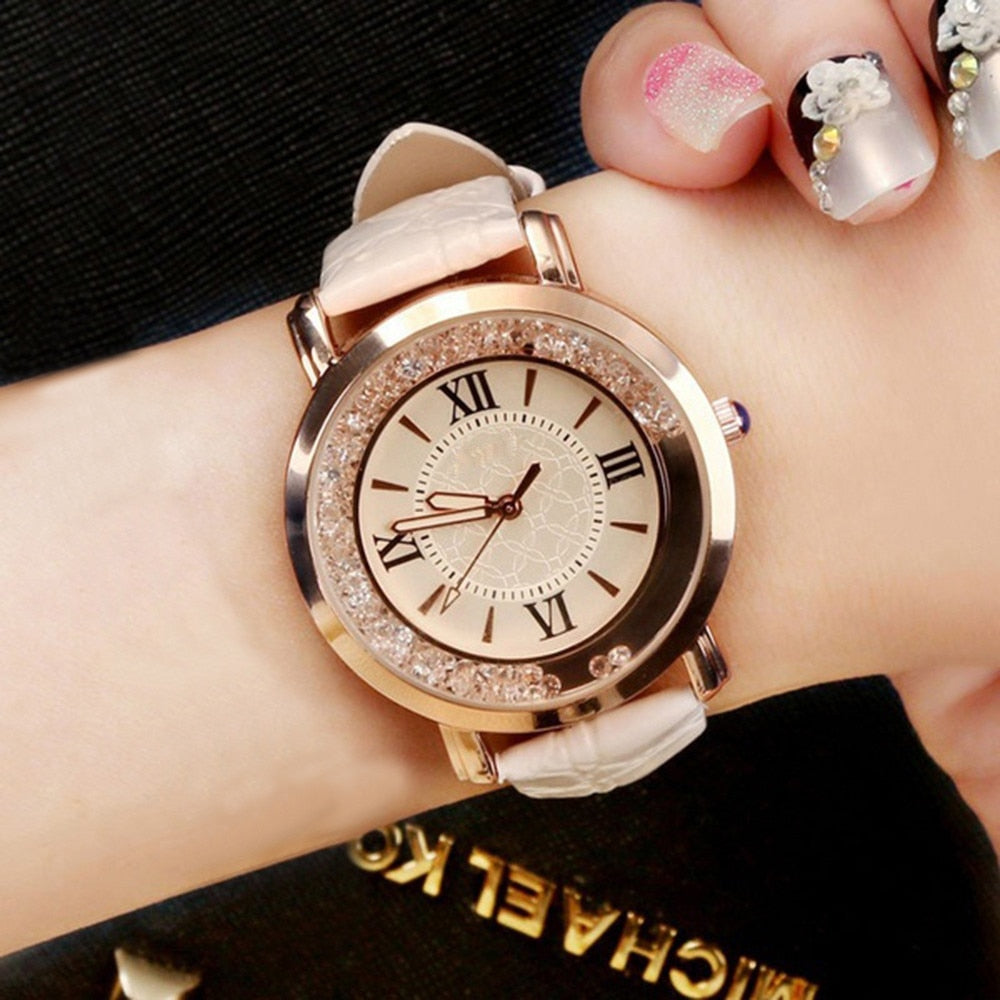 New ladies watch Rhinestone Leather Bracelet Wristwatch Women Fashion Watches Ladies Alloy Analog Quartz relojes @F