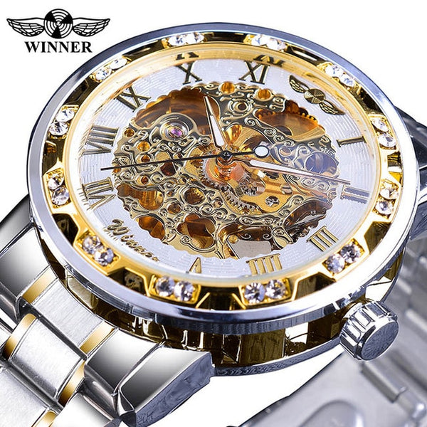 Winner Transparent Fashion Diamond Display Luminous Hands Gear Movement Retro Royal Design Men Mechanical Skeleton Wrist Watches