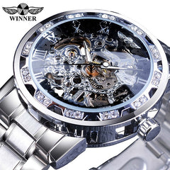 Winner Transparent Fashion Diamond Display Luminous Hands Gear Movement Retro Royal Design Men Mechanical Skeleton Wrist Watches