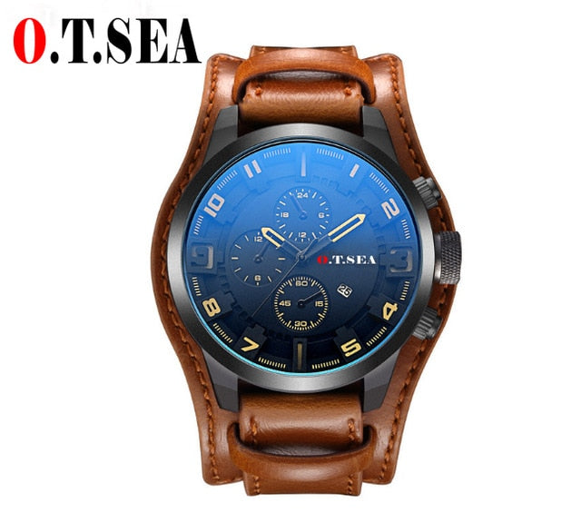 2018 Hot Sales O.T.SEA Brand Leather Watch Men Military Sports Quartz Wristwatch With Date Relogio Masculino 1032B