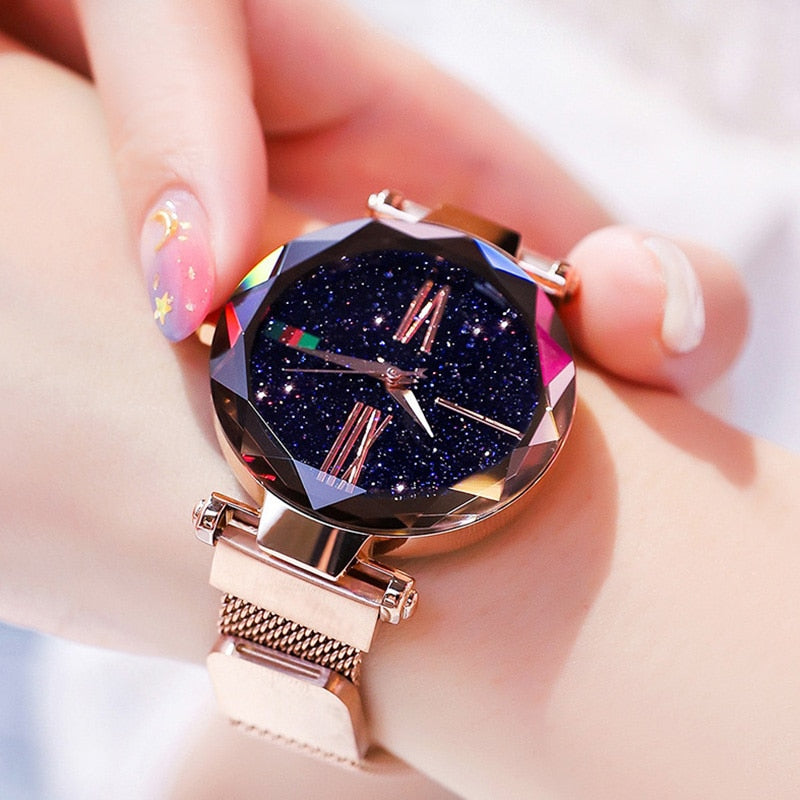 Luxury Rose Gold Women Watches Minimalism Starry Sky Magnetic Fashion Casual Female Wristwatch Waterproof Roman Numeral for Gift