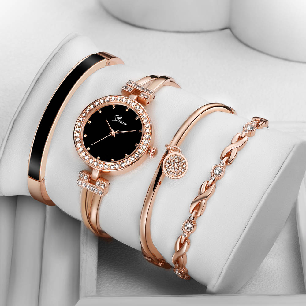 4 PCS Set Ginave Watch Women Rose Gold Diamond Bracelet Watch Luxury Jewelry Ladies Female Girl Hour Casual Quartz Wristwatches