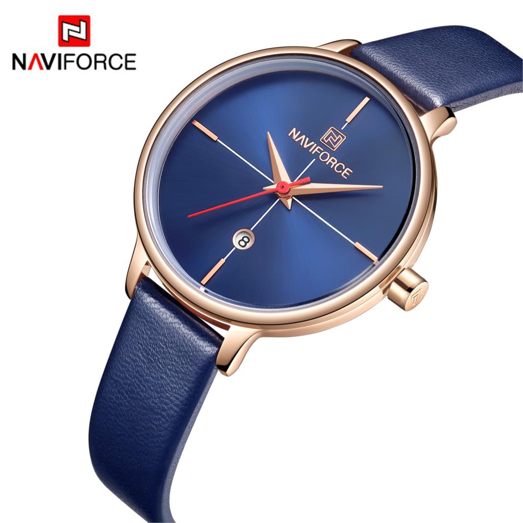 NAVIFORCE Women Watch Fashion Quartz Lady Blue PU Watchband Date Casual 3ATM Waterproof Wristwatch Gift for Girl Wife Woman 2019