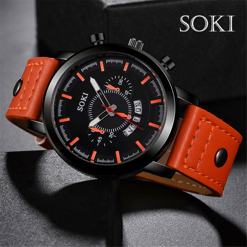 SOKI Brand Luxury Sport Watches Fashion Leather Strap Quartz Men Casual Date Business Male Wristwatches Clock Montre Homme