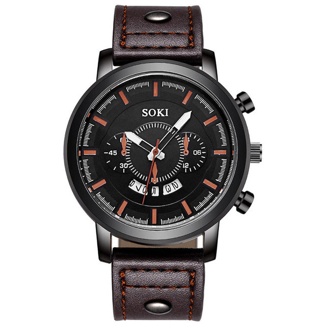SOKI Brand Luxury Sport Watches Fashion Leather Strap Quartz Men Casual Date Business Male Wristwatches Clock Montre Homme