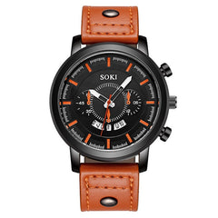 SOKI Brand Luxury Sport Watches Fashion Leather Strap Quartz Men Casual Date Business Male Wristwatches Clock Montre Homme