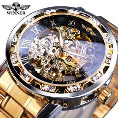 Winner Transparent Fashion Diamond Display Luminous Hands Gear Movement Retro Royal Design Men Mechanical Skeleton Wrist Watches