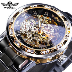 Winner Transparent Fashion Diamond Display Luminous Hands Gear Movement Retro Royal Design Men Mechanical Skeleton Wrist Watches